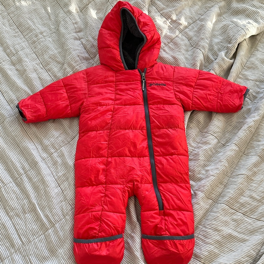 Columbia red and gray snowsuit bunting for baby. Hooded.